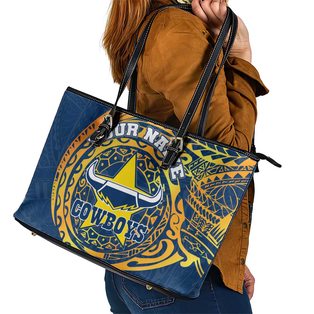 Personalized North Queensland Cowboys Leather Tote Bag Polynesian Tribal Chest and Sleeve Tattoo