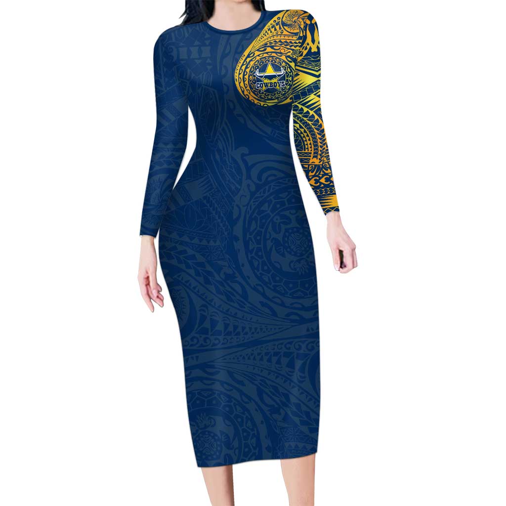 Personalized North Queensland Cowboys Long Sleeve Bodycon Dress Polynesian Tribal Chest and Sleeve Tattoo