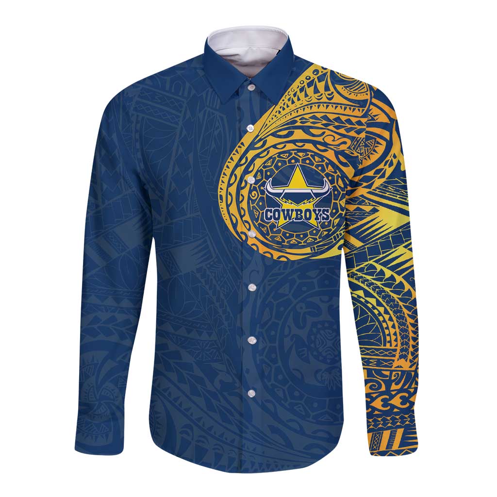 Personalized North Queensland Cowboys Long Sleeve Button Shirt Polynesian Tribal Chest and Sleeve Tattoo