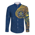 Personalized North Queensland Cowboys Long Sleeve Button Shirt Polynesian Tribal Chest and Sleeve Tattoo