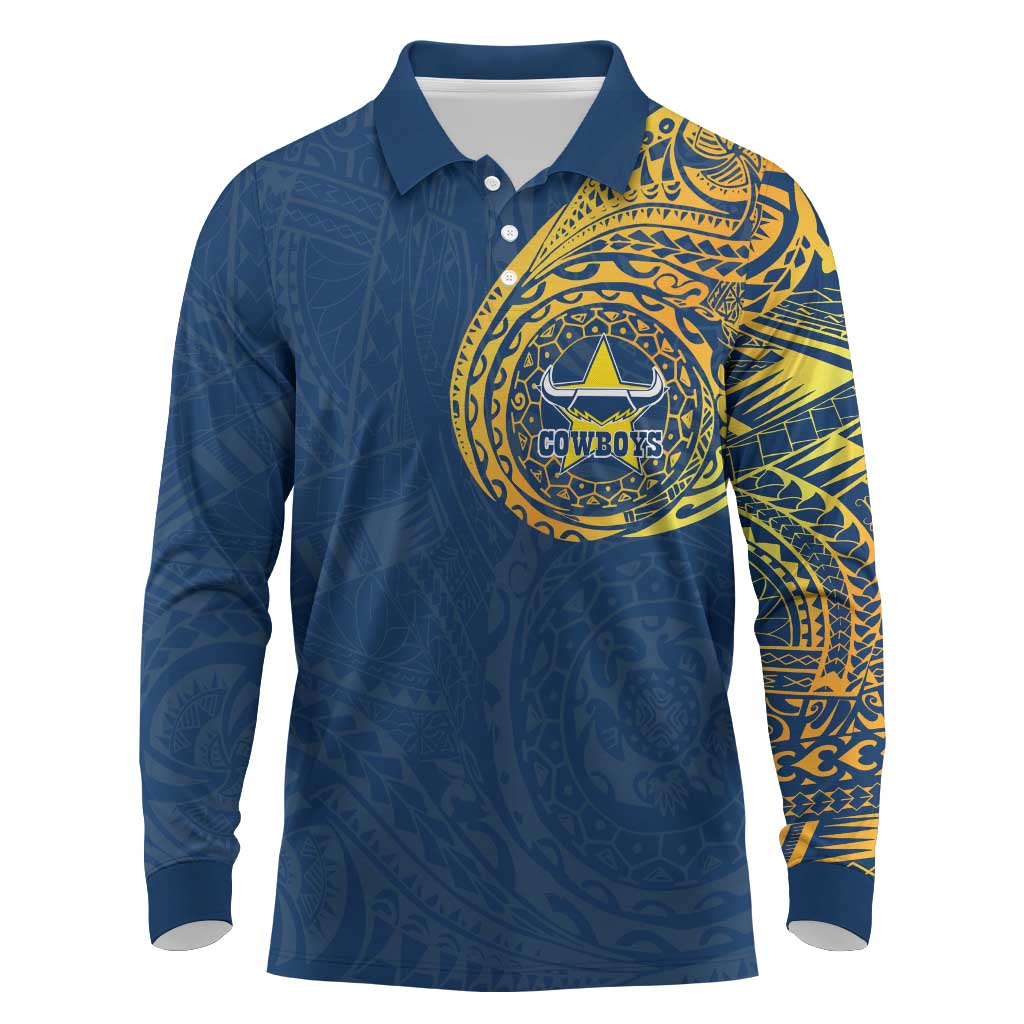 Personalized North Queensland Cowboys Long Sleeve Polo Shirt Polynesian Tribal Chest and Sleeve Tattoo
