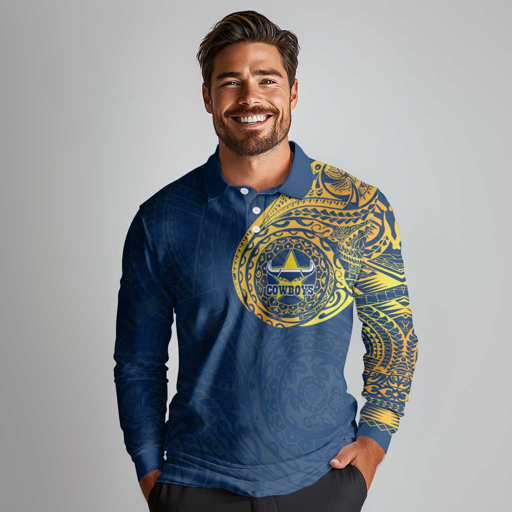 Personalized North Queensland Cowboys Long Sleeve Polo Shirt Polynesian Tribal Chest and Sleeve Tattoo