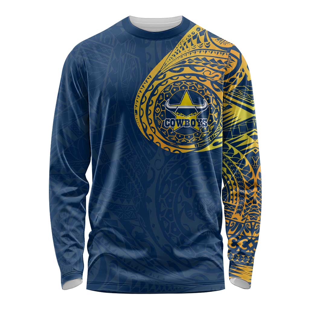 Personalized North Queensland Cowboys Long Sleeve Shirt Polynesian Tribal Chest and Sleeve Tattoo