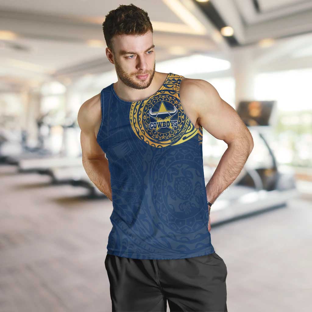 Personalized North Queensland Cowboys Men Tank Top Polynesian Tribal Chest and Sleeve Tattoo