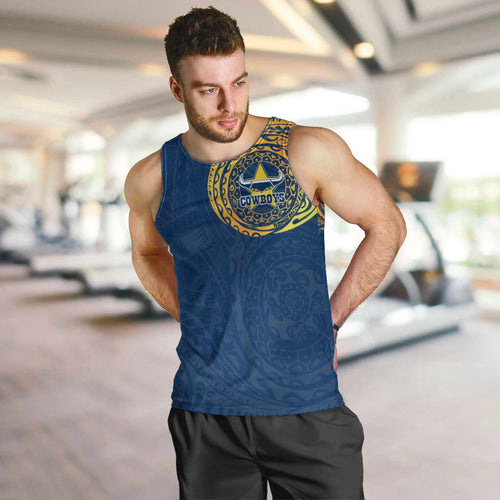 Personalized North Queensland Cowboys Men Tank Top Polynesian Tribal Chest and Sleeve Tattoo