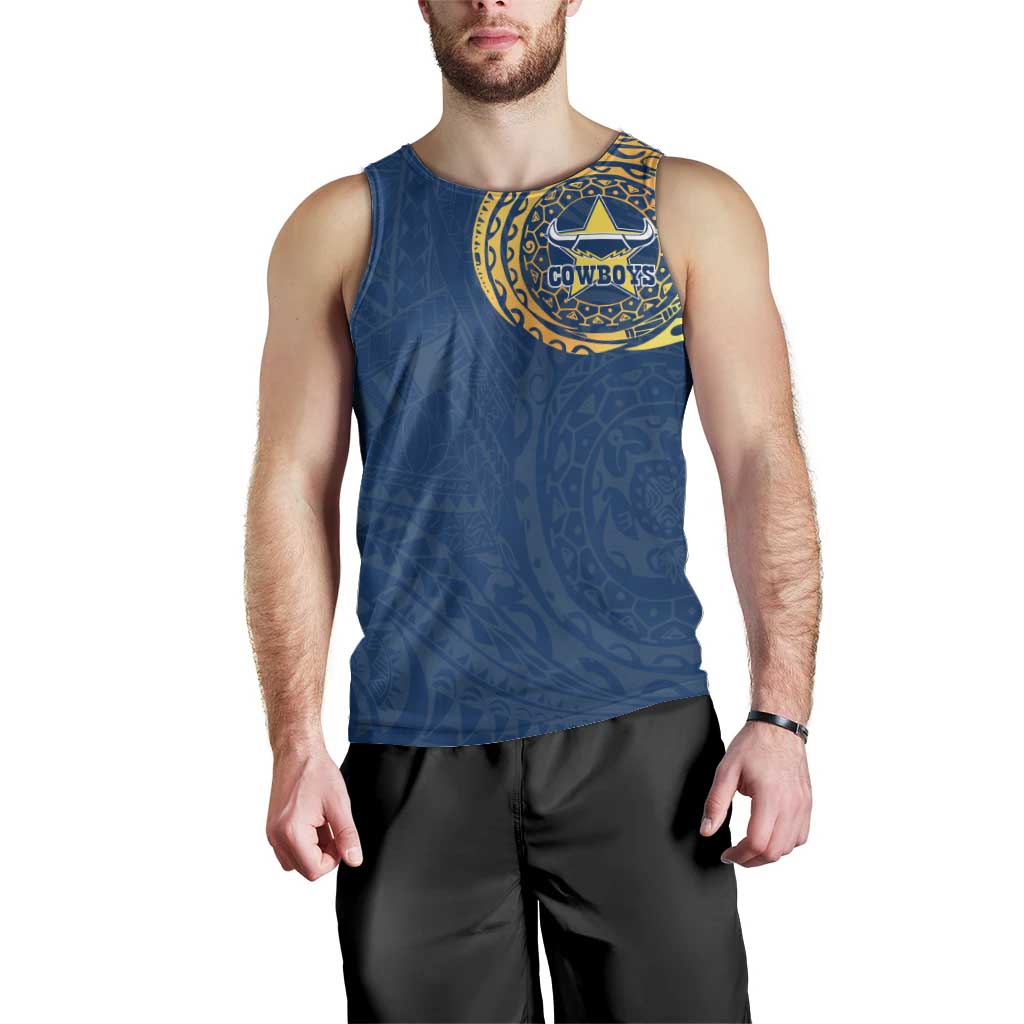 Personalized North Queensland Cowboys Men Tank Top Polynesian Tribal Chest and Sleeve Tattoo