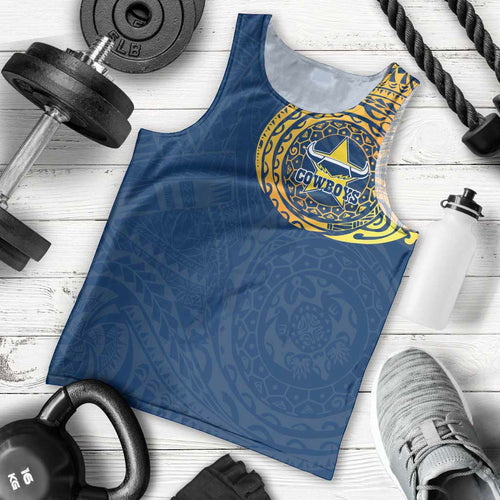 Personalized North Queensland Cowboys Men Tank Top Polynesian Tribal Chest and Sleeve Tattoo