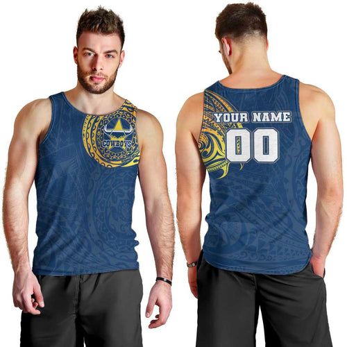 Personalized North Queensland Cowboys Men Tank Top Polynesian Tribal Chest and Sleeve Tattoo