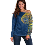 Personalized North Queensland Cowboys Off Shoulder Sweater Polynesian Tribal Chest and Sleeve Tattoo