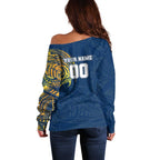 Personalized North Queensland Cowboys Off Shoulder Sweater Polynesian Tribal Chest and Sleeve Tattoo