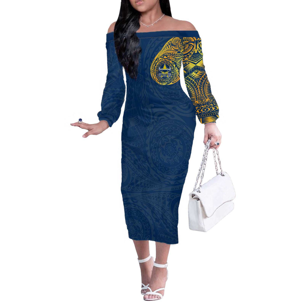 Personalized North Queensland Cowboys Off The Shoulder Long Sleeve Dress Polynesian Tribal Chest and Sleeve Tattoo