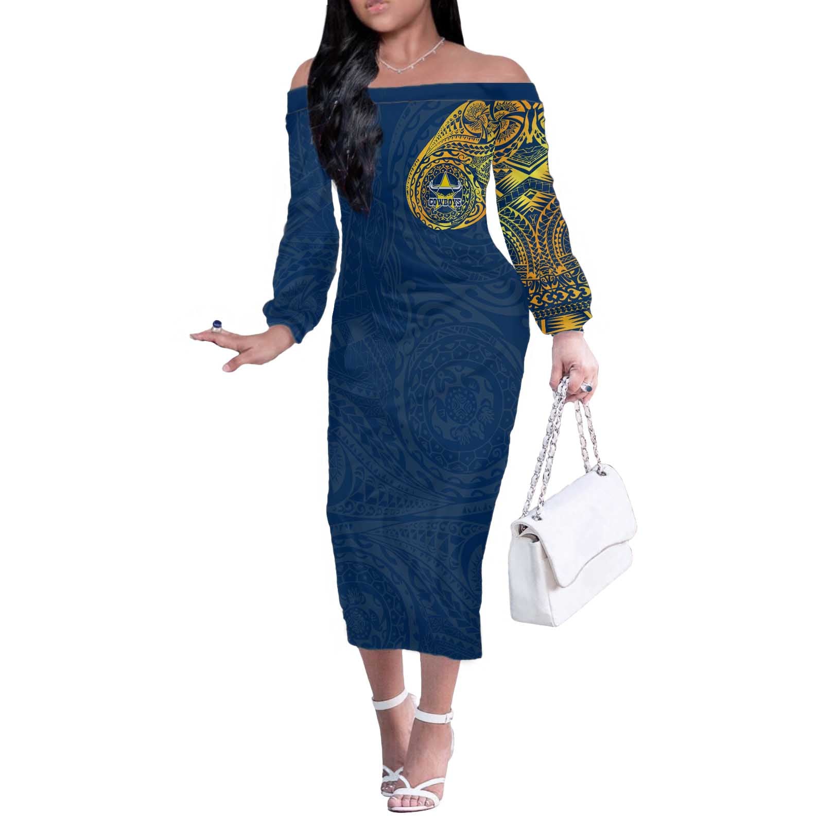 Personalized North Queensland Cowboys Off The Shoulder Long Sleeve Dress Polynesian Tribal Chest and Sleeve Tattoo