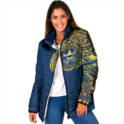 Personalized North Queensland Cowboys Padded Jacket Polynesian Tribal Chest and Sleeve Tattoo