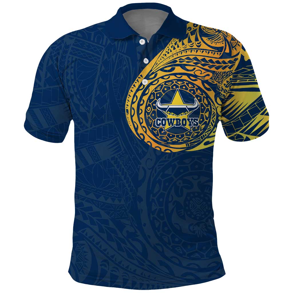 Personalized North Queensland Cowboys Polo Shirt Polynesian Tribal Chest and Sleeve Tattoo