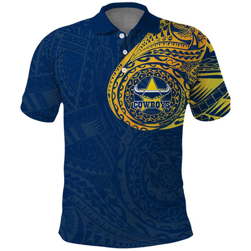 Personalized North Queensland Cowboys Polo Shirt Polynesian Tribal Chest and Sleeve Tattoo