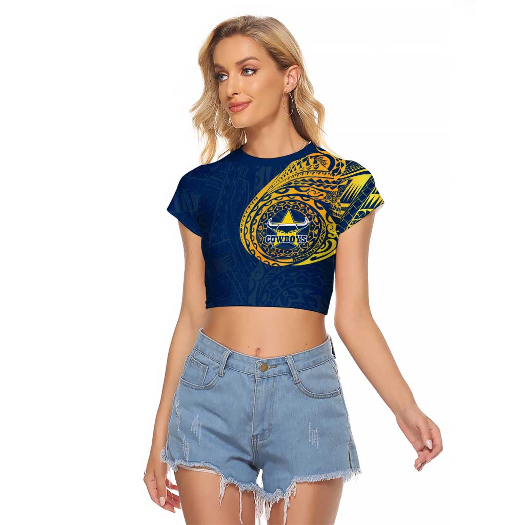 Personalized North Queensland Cowboys Raglan Cropped T Shirt Polynesian Tribal Chest and Sleeve Tattoo