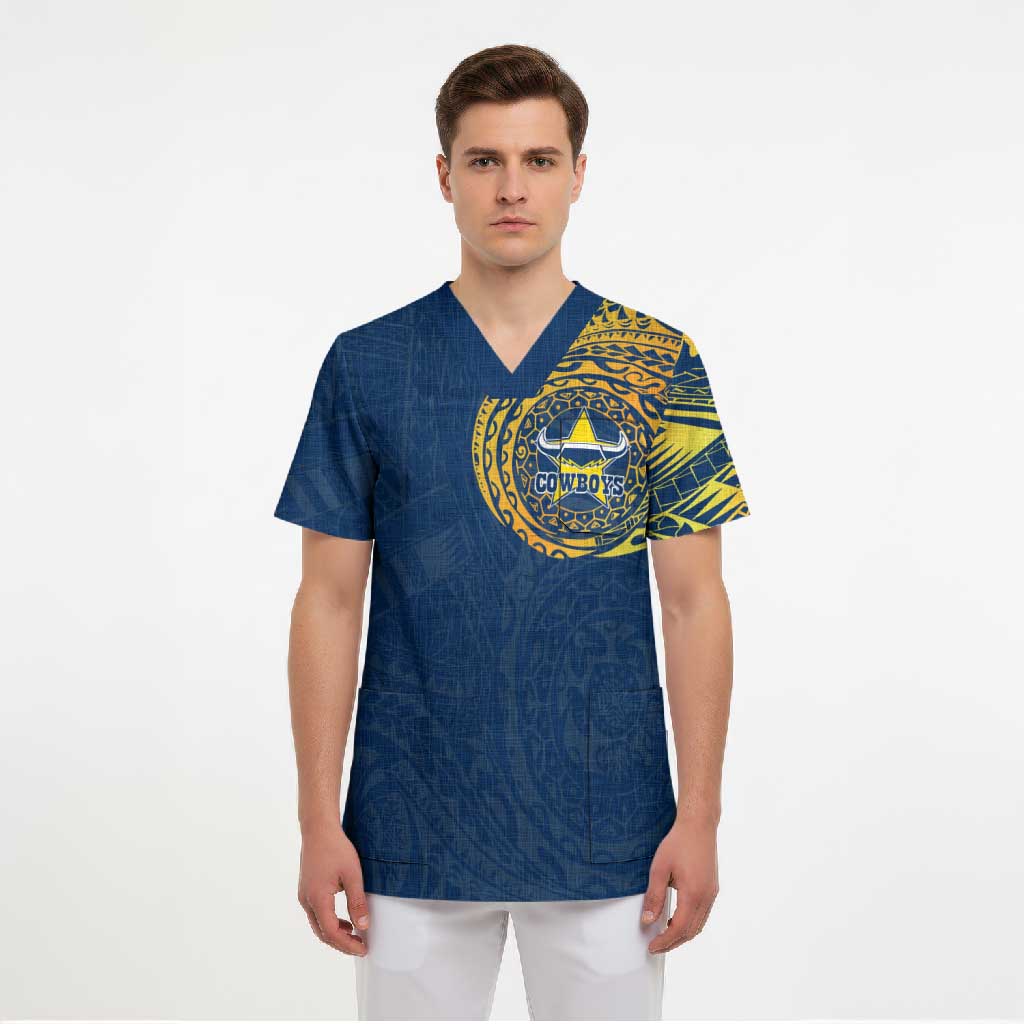 Personalized North Queensland Cowboys Scrub Top Polynesian Tribal Chest and Sleeve Tattoo