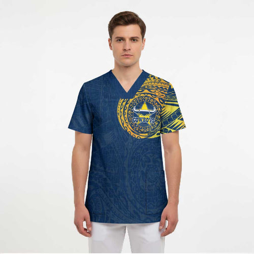 Personalized North Queensland Cowboys Scrub Top Polynesian Tribal Chest and Sleeve Tattoo