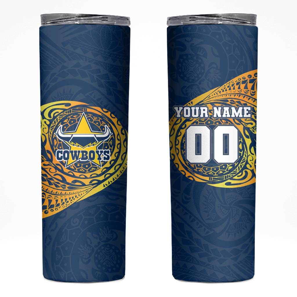 Personalized North Queensland Cowboys Skinny Tumbler Polynesian Tribal Chest and Sleeve Tattoo