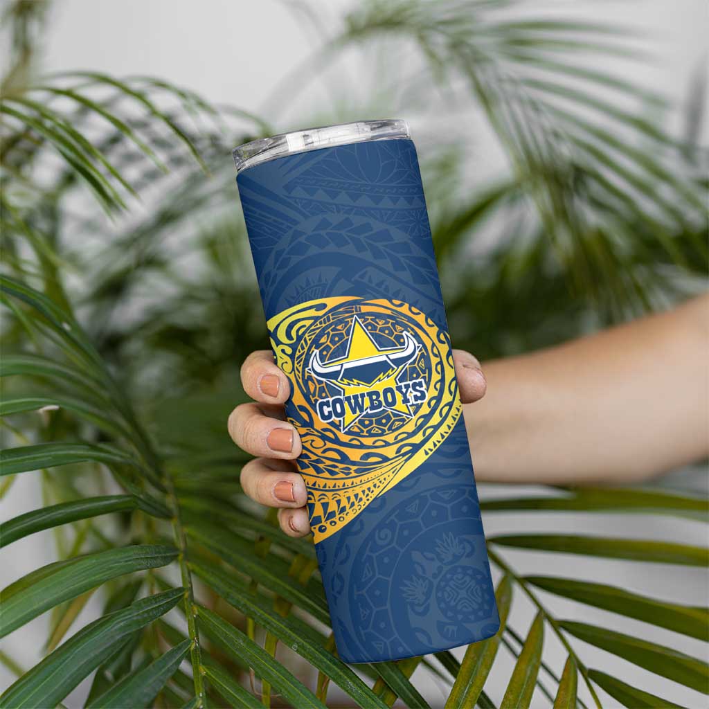 Personalized North Queensland Cowboys Skinny Tumbler Polynesian Tribal Chest and Sleeve Tattoo