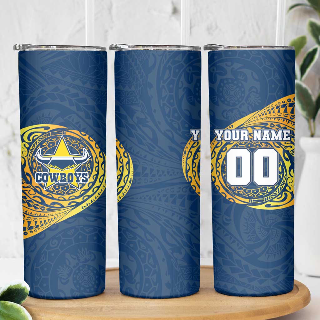 Personalized North Queensland Cowboys Skinny Tumbler Polynesian Tribal Chest and Sleeve Tattoo