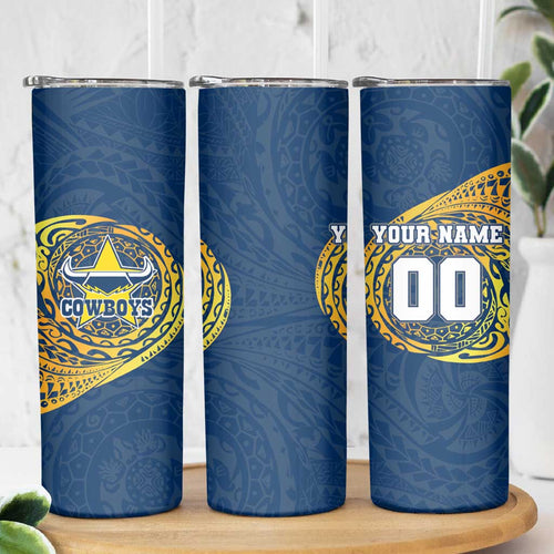 Personalized North Queensland Cowboys Skinny Tumbler Polynesian Tribal Chest and Sleeve Tattoo