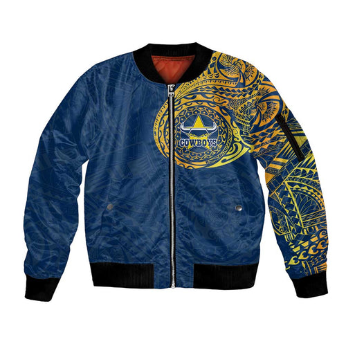 Personalized North Queensland Cowboys Sleeve Zip Bomber Jacket Polynesian Tribal Chest and Sleeve Tattoo
