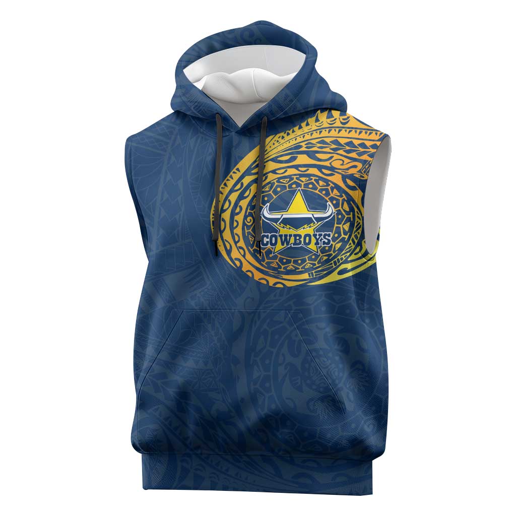 Personalized North Queensland Cowboys Sleeveless Hoodie Polynesian Tribal Chest and Sleeve Tattoo