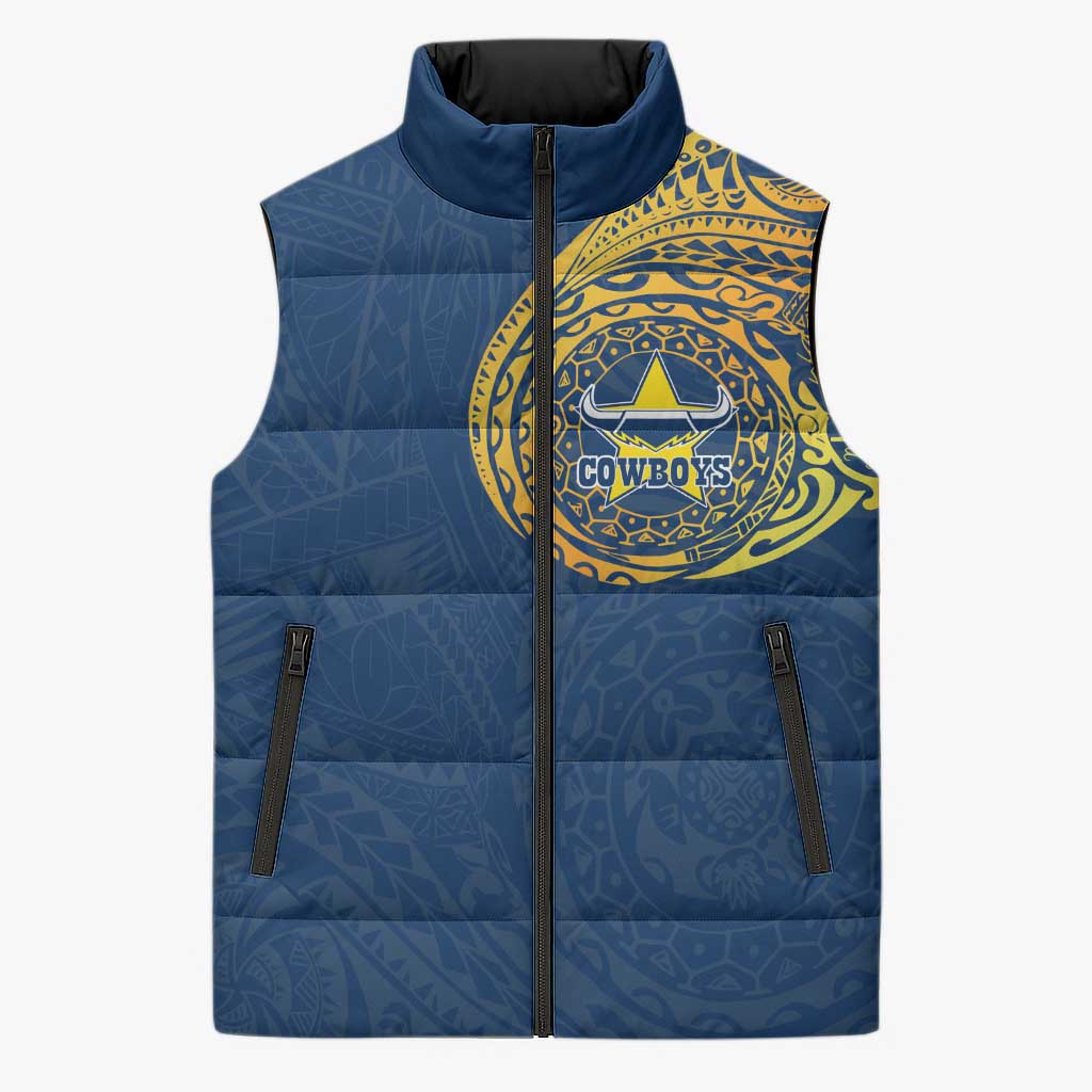 Personalized North Queensland Cowboys Sleeveless Puffer Jacket Polynesian Tribal Chest and Sleeve Tattoo