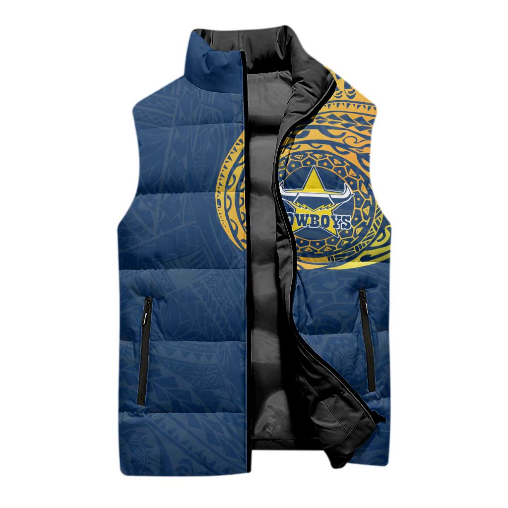 Personalized North Queensland Cowboys Sleeveless Puffer Jacket Polynesian Tribal Chest and Sleeve Tattoo