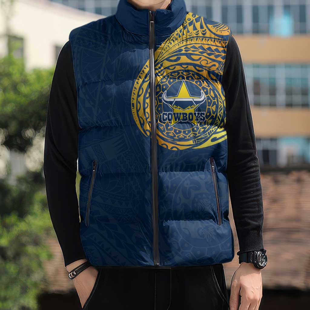 Personalized North Queensland Cowboys Sleeveless Puffer Jacket Polynesian Tribal Chest and Sleeve Tattoo