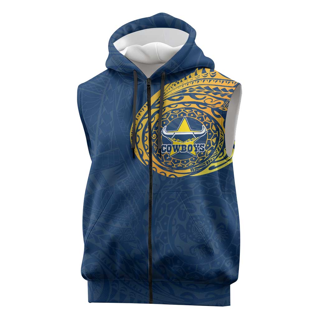 Personalized North Queensland Cowboys Sleeveless Zip Hoodie Polynesian Tribal Chest and Sleeve Tattoo