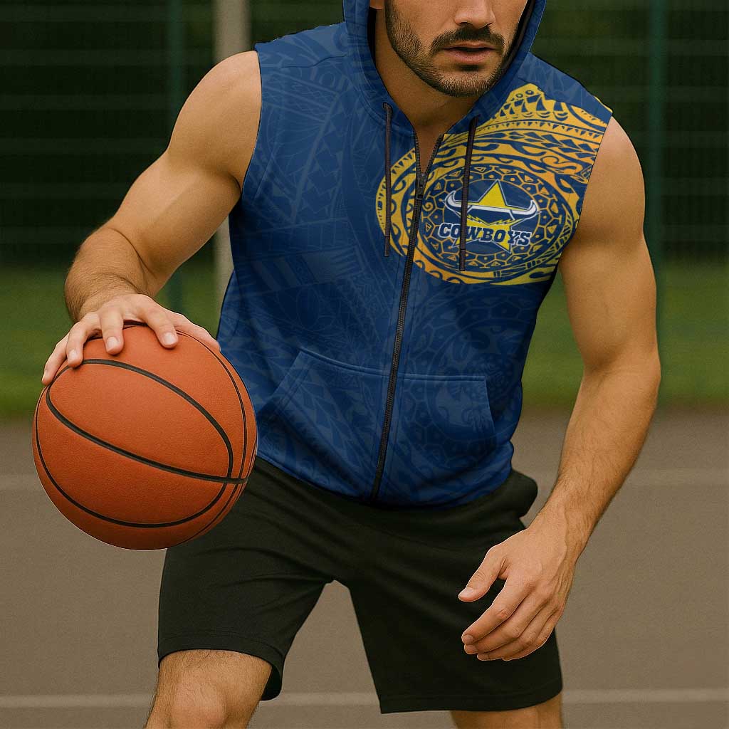 Personalized North Queensland Cowboys Sleeveless Zip Hoodie Polynesian Tribal Chest and Sleeve Tattoo