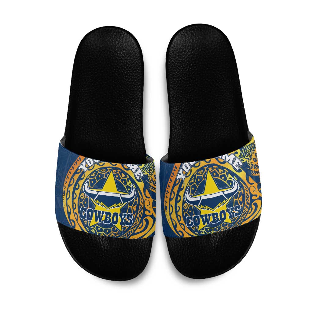 Personalized North Queensland Cowboys Slide Sandals Polynesian Tribal Chest and Sleeve Tattoo