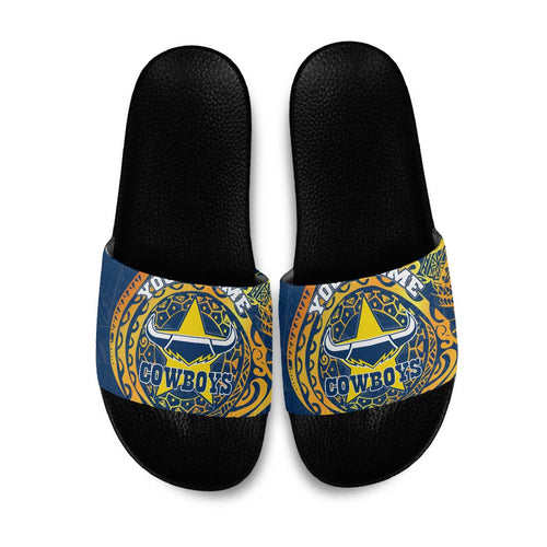 Personalized North Queensland Cowboys Slide Sandals Polynesian Tribal Chest and Sleeve Tattoo