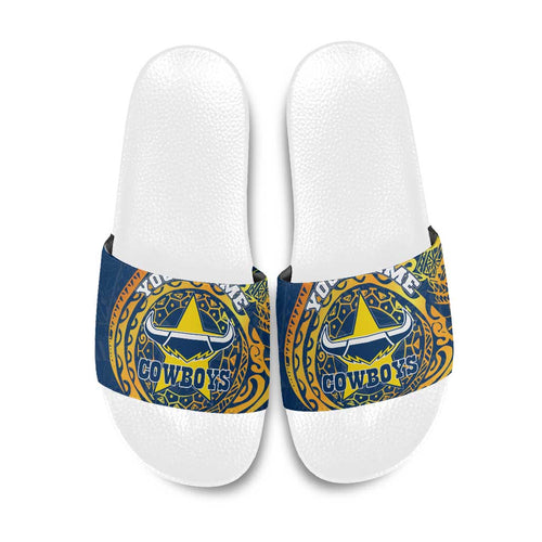 Personalized North Queensland Cowboys Slide Sandals Polynesian Tribal Chest and Sleeve Tattoo
