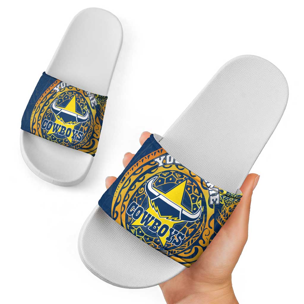 Personalized North Queensland Cowboys Slide Sandals Polynesian Tribal Chest and Sleeve Tattoo