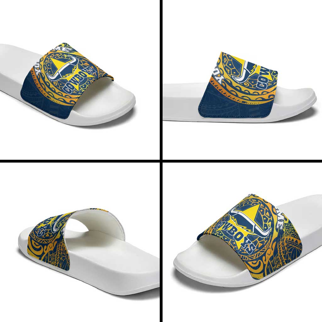 Personalized North Queensland Cowboys Slide Sandals Polynesian Tribal Chest and Sleeve Tattoo