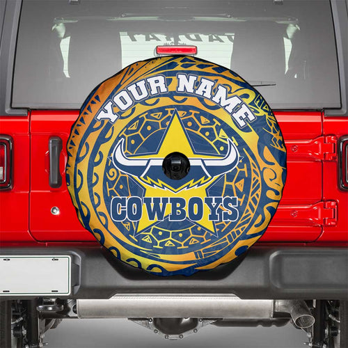 Personalized North Queensland Cowboys Spare Tire Cover Polynesian Tribal Chest and Sleeve Tattoo