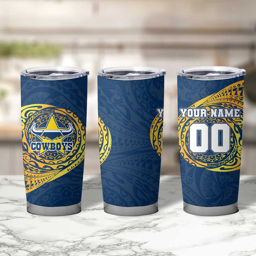 Personalized North Queensland Cowboys Tumbler Cup Polynesian Tribal Chest and Sleeve Tattoo