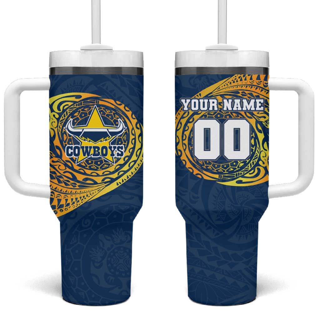 Personalized North Queensland Cowboys Tumbler With Handle Polynesian Tribal Chest and Sleeve Tattoo