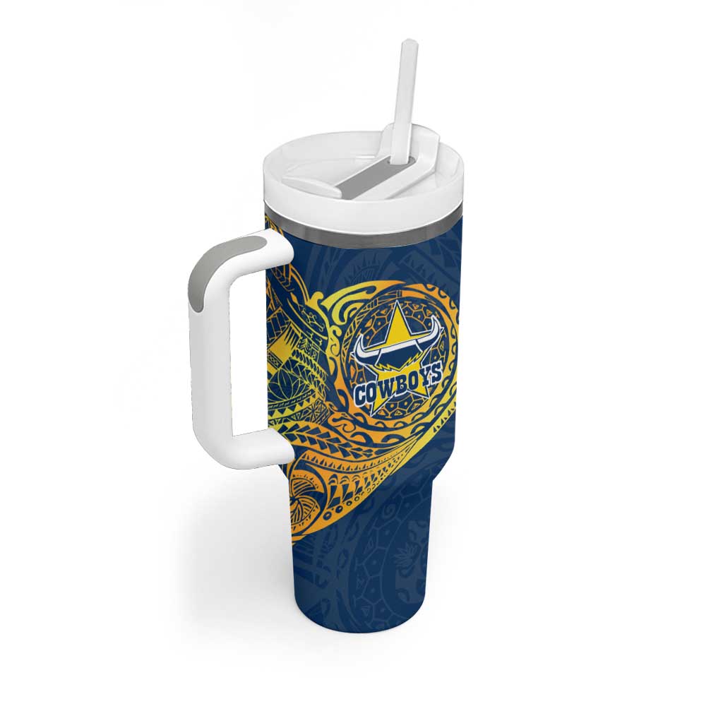 Personalized North Queensland Cowboys Tumbler With Handle Polynesian Tribal Chest and Sleeve Tattoo
