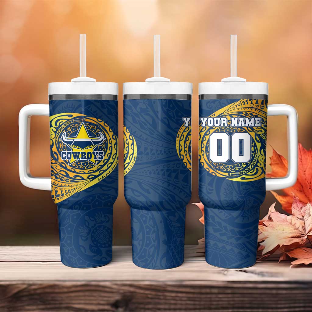 Personalized North Queensland Cowboys Tumbler With Handle Polynesian Tribal Chest and Sleeve Tattoo