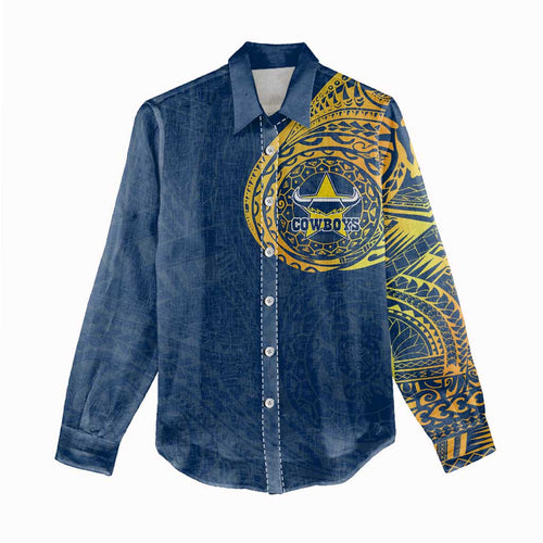 Personalized North Queensland Cowboys Women Casual Shirt Polynesian Tribal Chest and Sleeve Tattoo