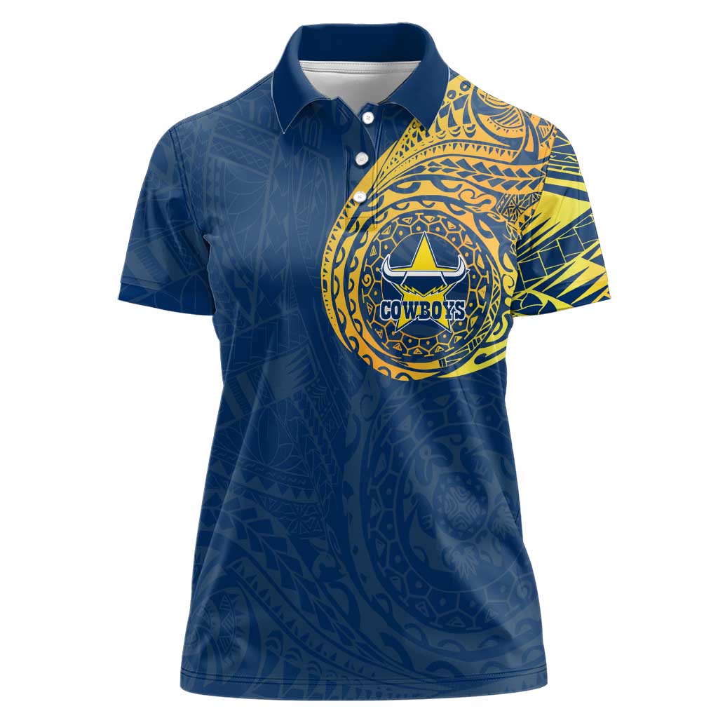 Personalized North Queensland Cowboys Women Polo Shirt Polynesian Tribal Chest and Sleeve Tattoo
