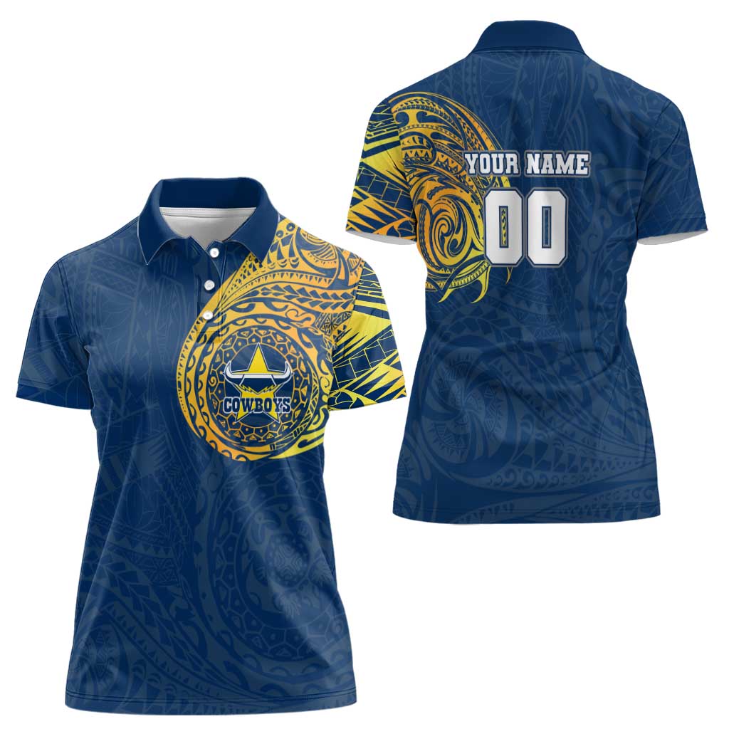 Personalized North Queensland Cowboys Women Polo Shirt Polynesian Tribal Chest and Sleeve Tattoo