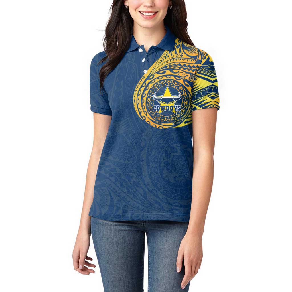 Personalized North Queensland Cowboys Women Polo Shirt Polynesian Tribal Chest and Sleeve Tattoo