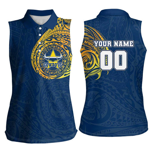 Personalized North Queensland Cowboys Women Sleeveless Polo Shirt Polynesian Tribal Chest and Sleeve Tattoo