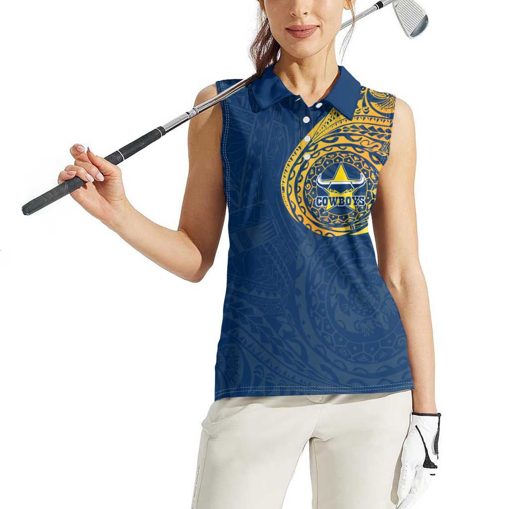 Personalized North Queensland Cowboys Women Sleeveless Polo Shirt Polynesian Tribal Chest and Sleeve Tattoo