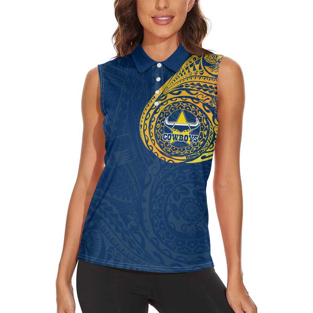 Personalized North Queensland Cowboys Women Sleeveless Polo Shirt Polynesian Tribal Chest and Sleeve Tattoo